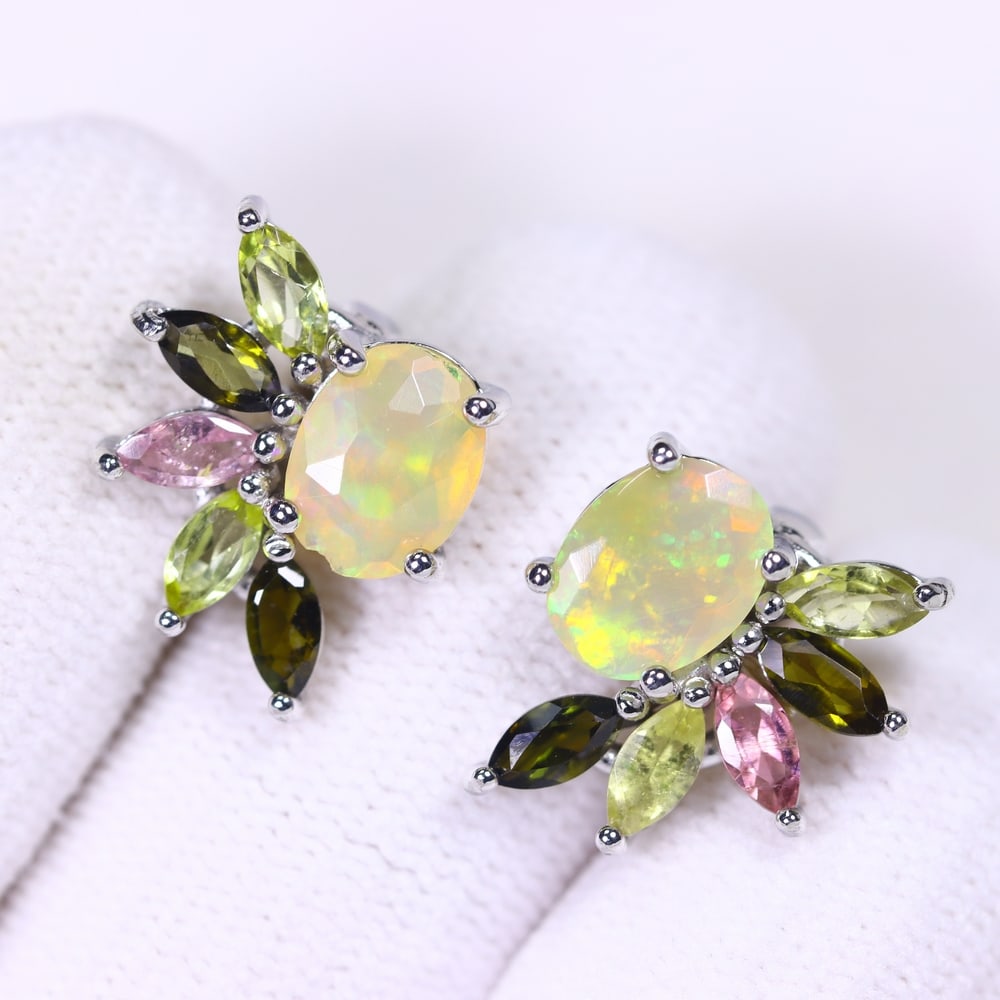 Opal & Tourmaline Earrings - 925 Sterling Silver - Plated 14k White Gold: Ksmith Jewels Global Welcome to our auction house, today auction brought to you by Ksmith Jewels Global based in Penang, Malaysia specialize in all kinds of opal and color gemstone both in manufacturi