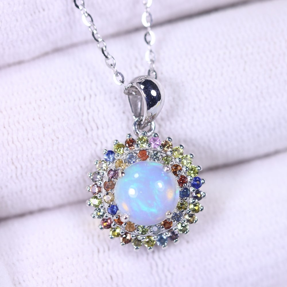 Necklace 18inches Fire Opal & Sapphire - 925 Sterling Silver (1 of 3)