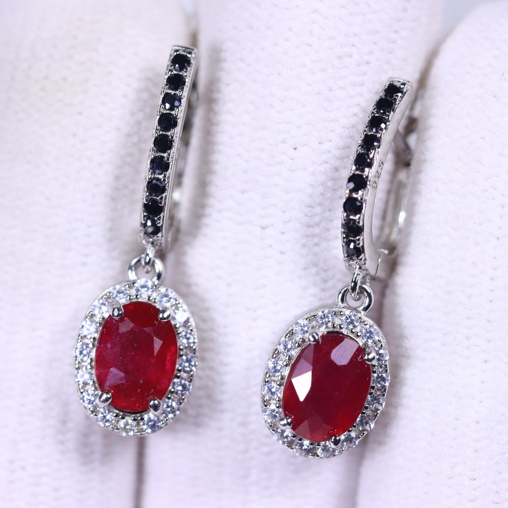 Earrings Ruby and Black Spinel - 925 Sterling Silver  - Plated 14K White Gold (1 of 2)