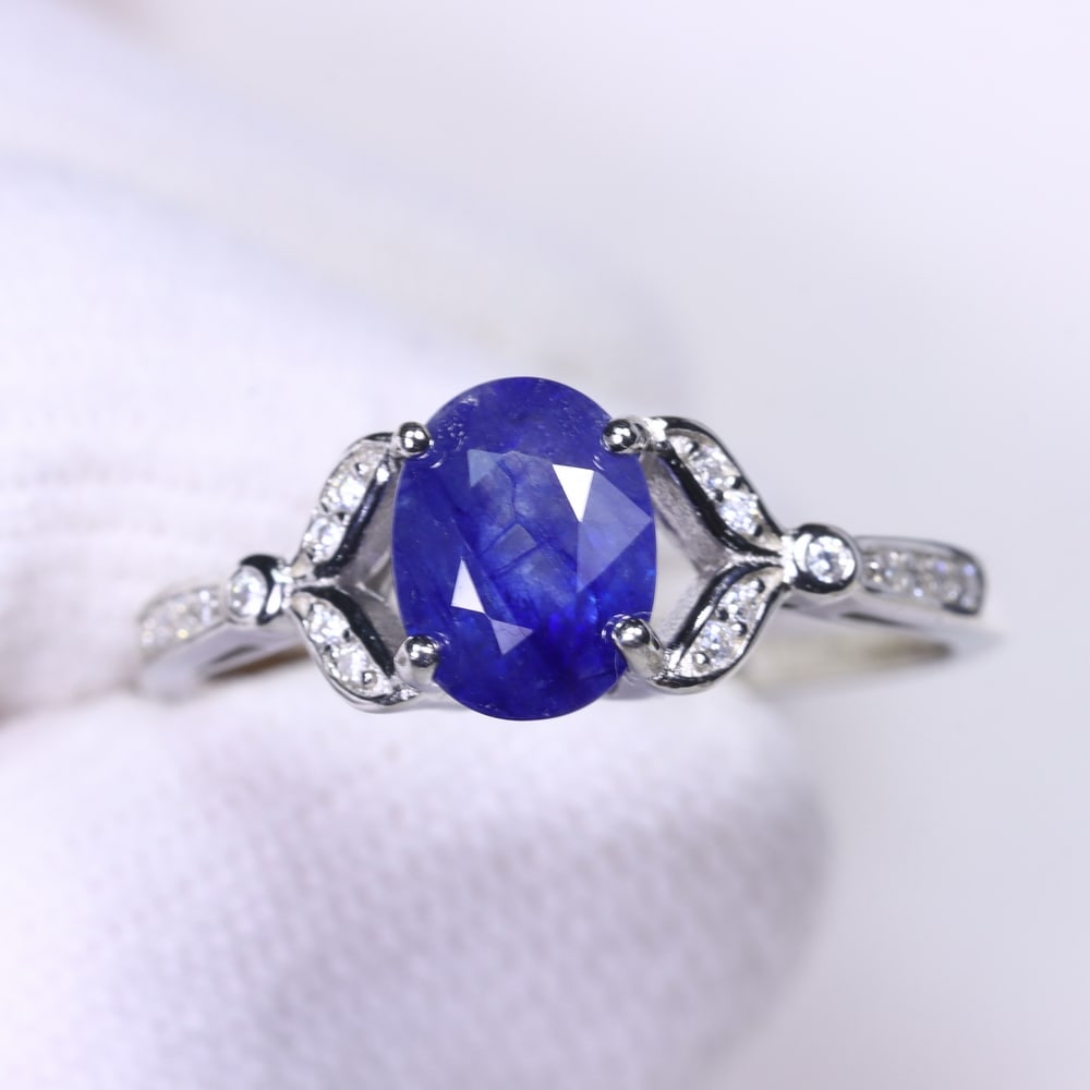 Ring US7.75 Sapphire & Zircon - 925 Sterling Silver - White Gold Plated (1 of 4)