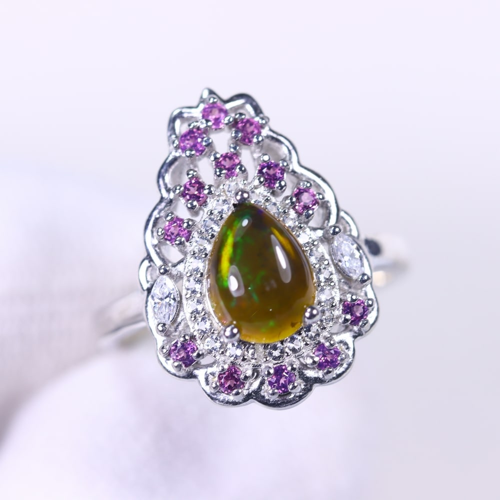 Ring US5.75 Opal Rhodolite & Zircon - 925 Sterling Silver (1 of 3)