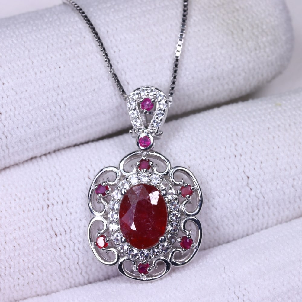 Ruby & White Topaz Necklace - 925 Sterling Silver - Plated 14k White Gold (1 of 3)