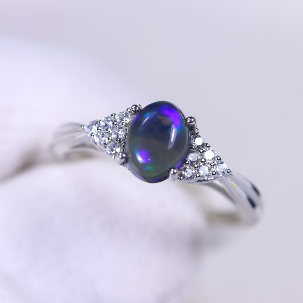 Ring US8 Black Opal & Simulated CZ - 925 Sterling Silver (1 of 3)