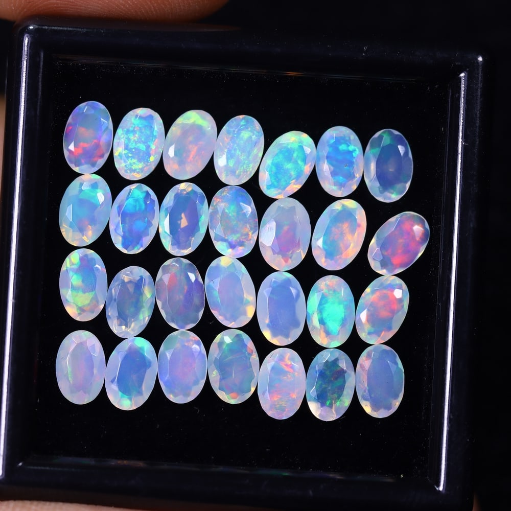 *8.37Ct 28pcs Calibrated 6x4mm Faceted Welo Opal Set - Ethiopian Opal: Ksmith Jewels Global Welcome to our auction house, today auction brought to you by Ksmith Jewels Global based in Penang, Malaysia specialize in all kinds of opal and color gemstone both in manufacturi