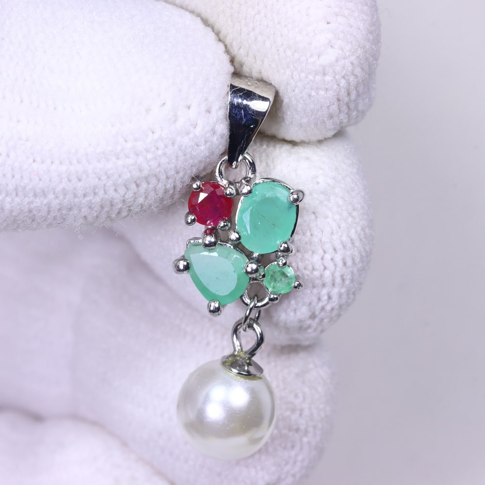 Pearl & Emerald Pendant - 925 Sterling Silver - Plated 14k White Gold (1 of 2)