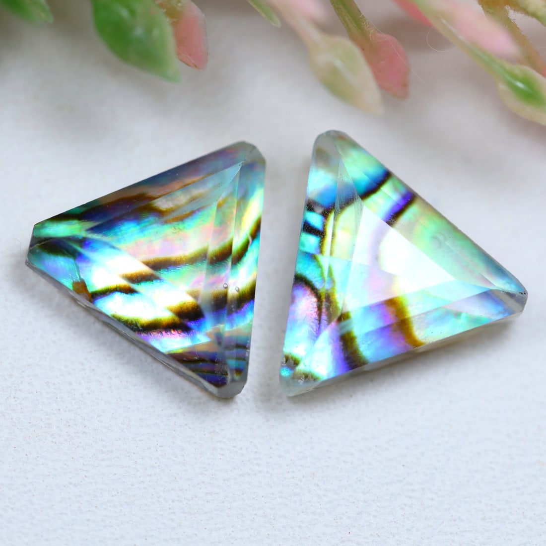 6.57Ct Colourful Abalone Shell With Crystal Doublet – Trilliant Step Cut Faceted Gemstone Pair – (1 of 2)