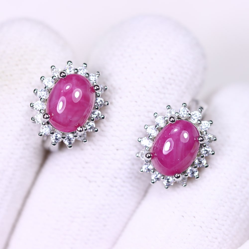 Earring Ruby & Cubic Zirconia - 925 Sterling Silver - White Gold Plated (1 of 3)