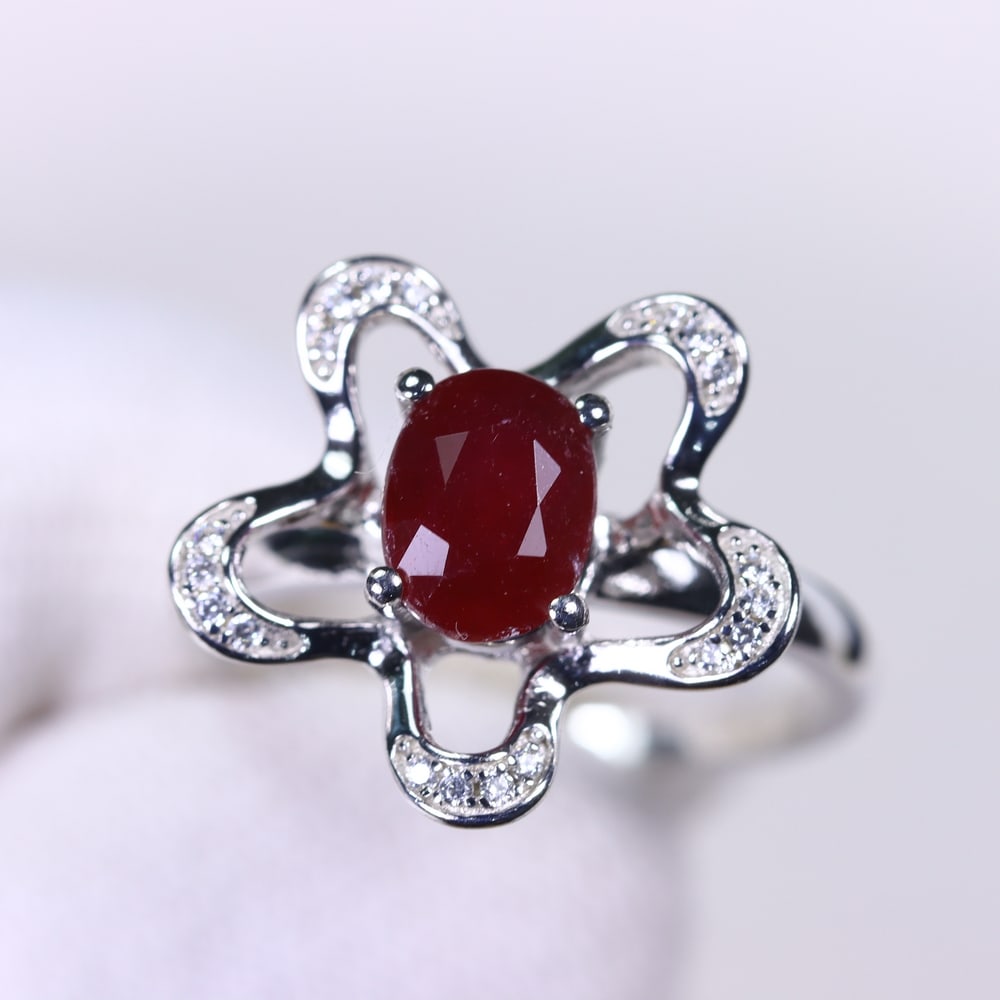 Ring US7.75 Ruby & Zircon - 925 Sterling Silver - White Gold Plated (1 of 3)