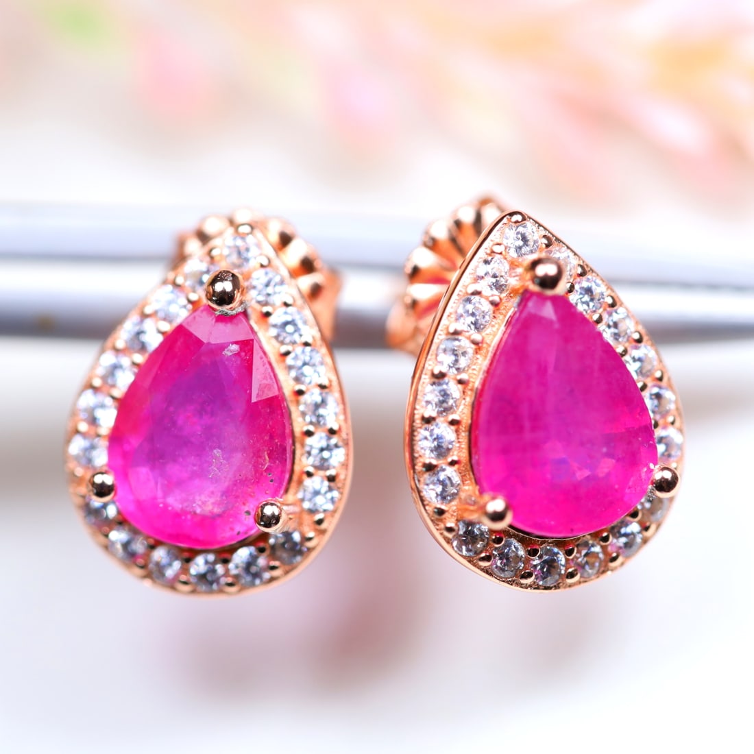 Total Weight 12.18Cts Natural Heated Gemstone Pink Ruby & White Zircon Earrings 925 Sterling Silver (1 of 2)