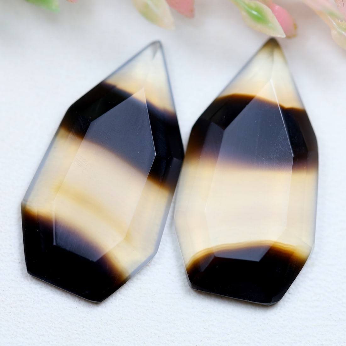 11.44Ct Natural Black Banded Agate - India Gemstone - Step Cut Pair (1 of 2)