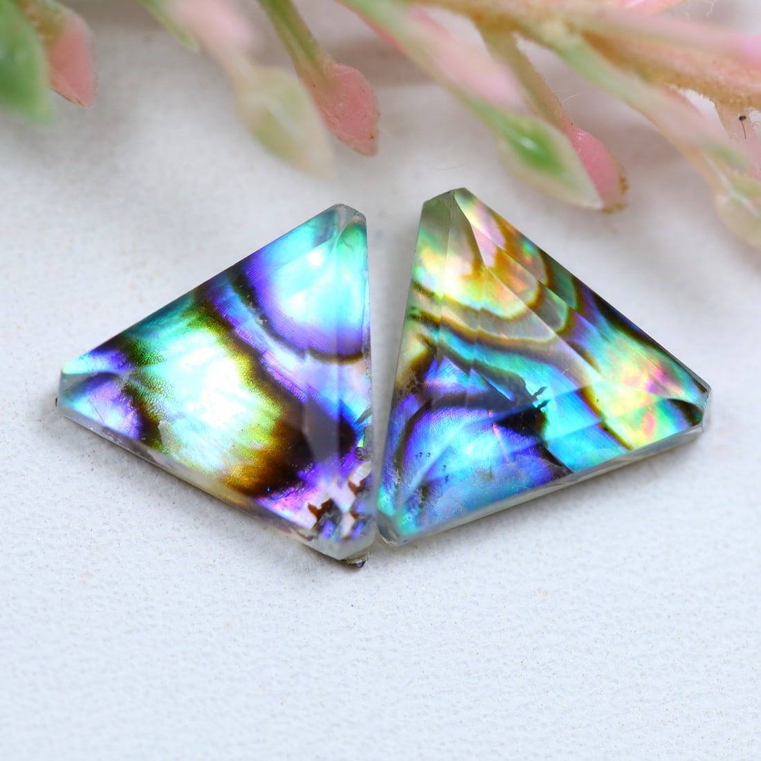 5.80Ct Colourful Abalone Shell With Crystal Doublet – Trilliant Step Cut Faceted Gemstone Pair – (1 of 2)