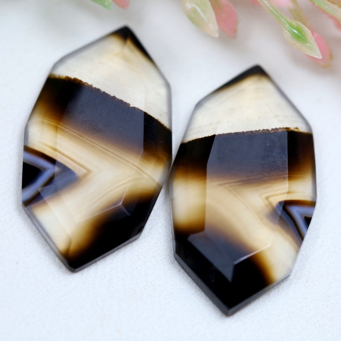 13.50Ct Natural Black Banded Agate - India Gemstone - Step Cut Pair (1 of 2)