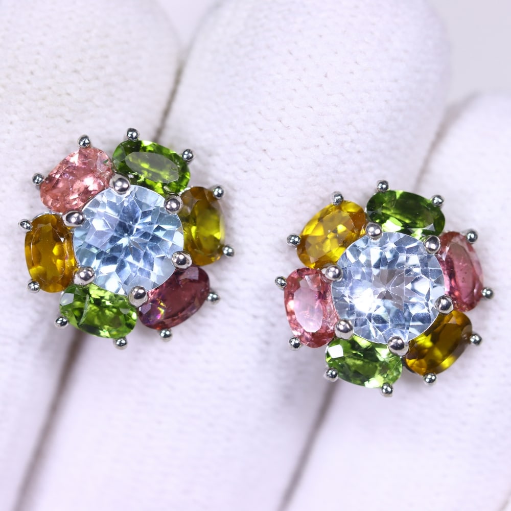 Aquamarine & Tourmaline Earrings - 925 Sterling Silver - Plated White Gold, 38E (1 of 4)