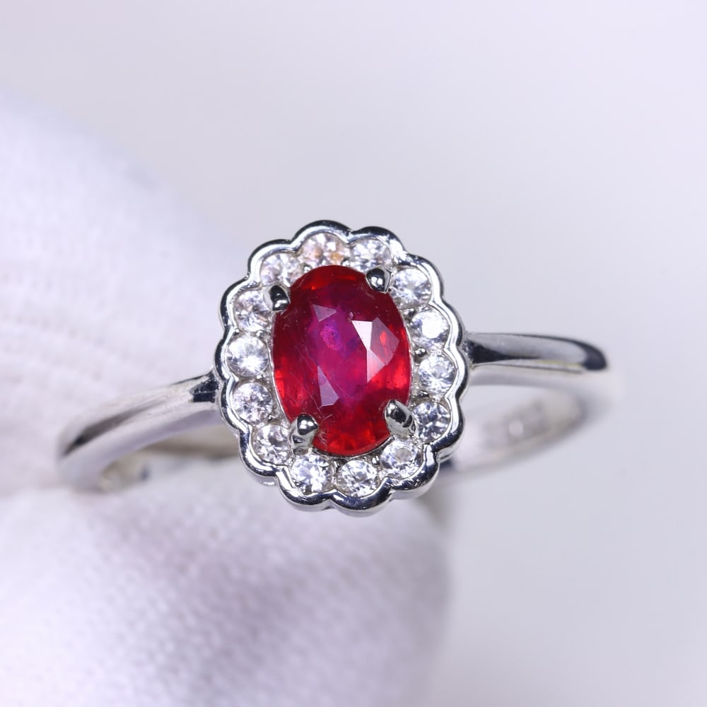Ring US9 Ruby & White Topaz - 925 Sterling Silver - Plated 14k White Gold, 249E (1 of 3)