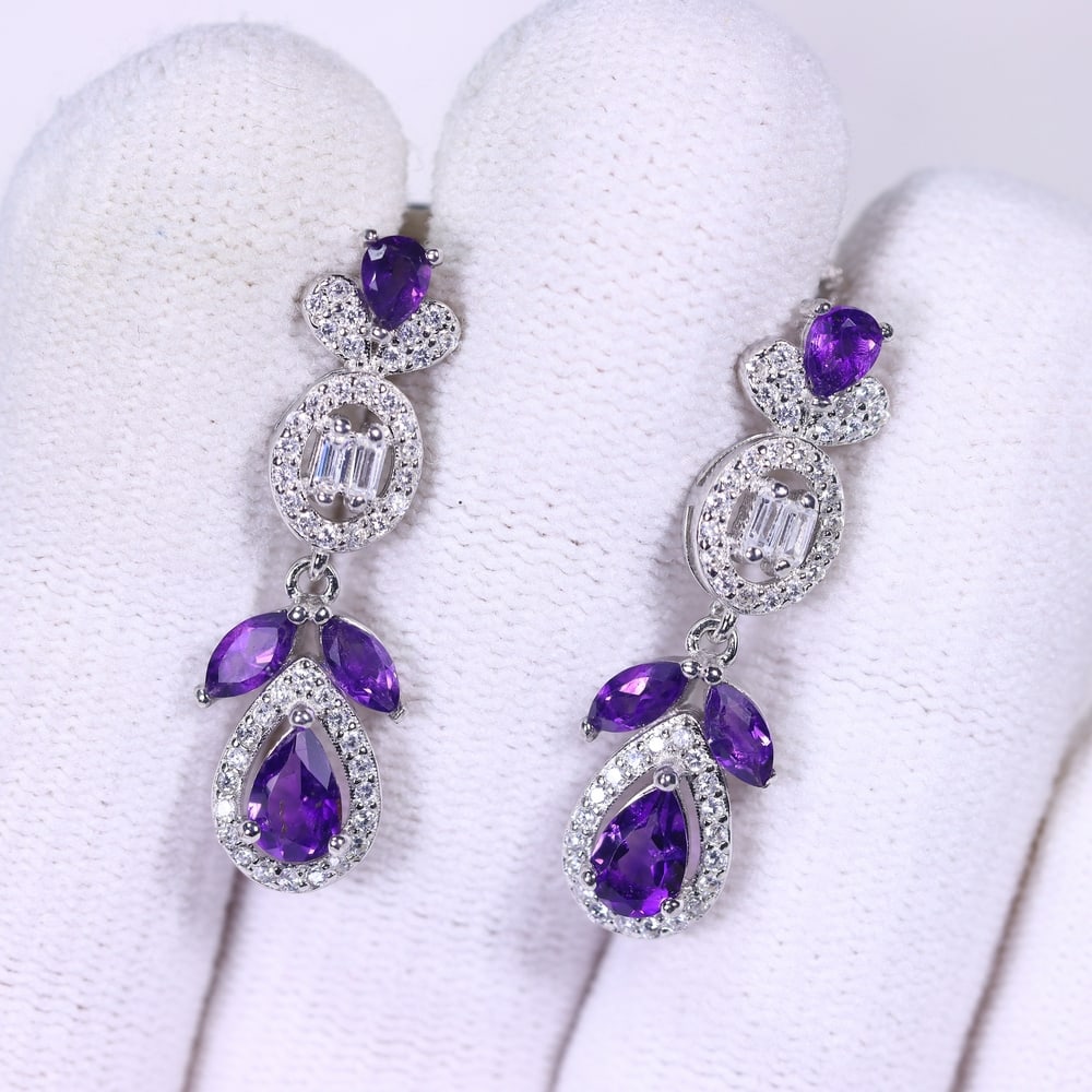 Earrings Amethyst & Simulated CZ - 925 Sterling Silver, 692E (1 of 2)