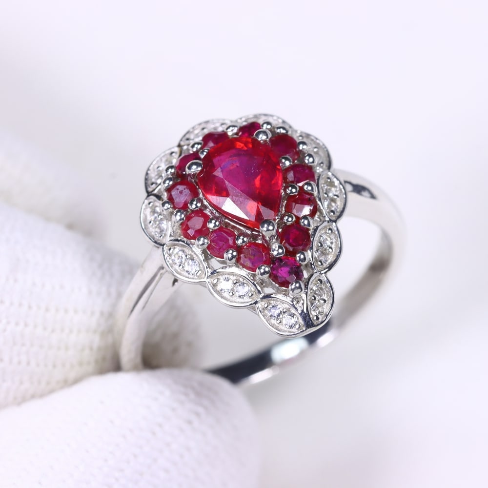 Ring US7 Ruby - 925 Sterling Silver - Plated 14k White Gold , 191E - 3