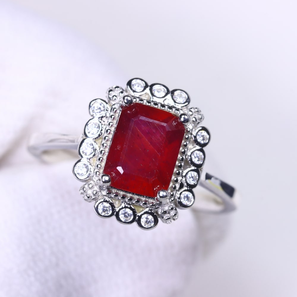 Ring US7 Ruby & Simulated CZ - 925 Sterling Silver - Plated 14k White Gold , 1181E (1 of 4)