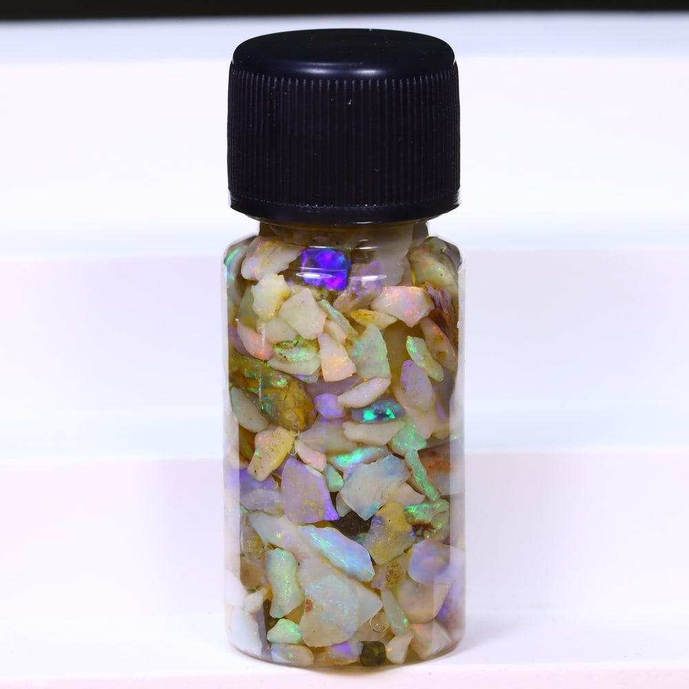 Australian Lightning Ridge Crystal Black Opal Rough Chip Jar (Good For Display), 344B: Ksmith Heritage Auctioneers Subject: Natural Australian Opal Origin: Australia Quantity: 1 Jar as photo