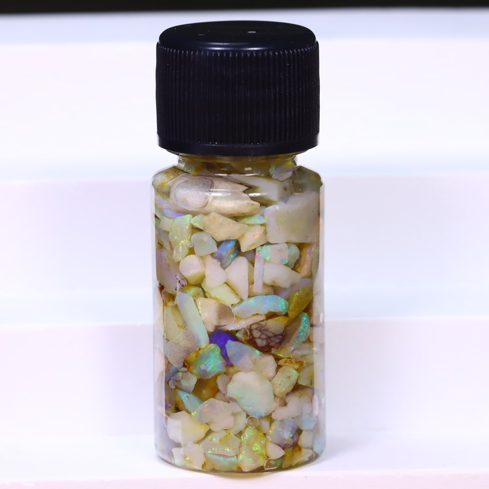 Australian Lightning Ridge Crystal Black Opal Rough Chip Jar (Good For Display), 360B: Ksmith Heritage Auctioneers Subject: Natural Australian Opal Origin: Australia Quantity: 1 Jar as photo