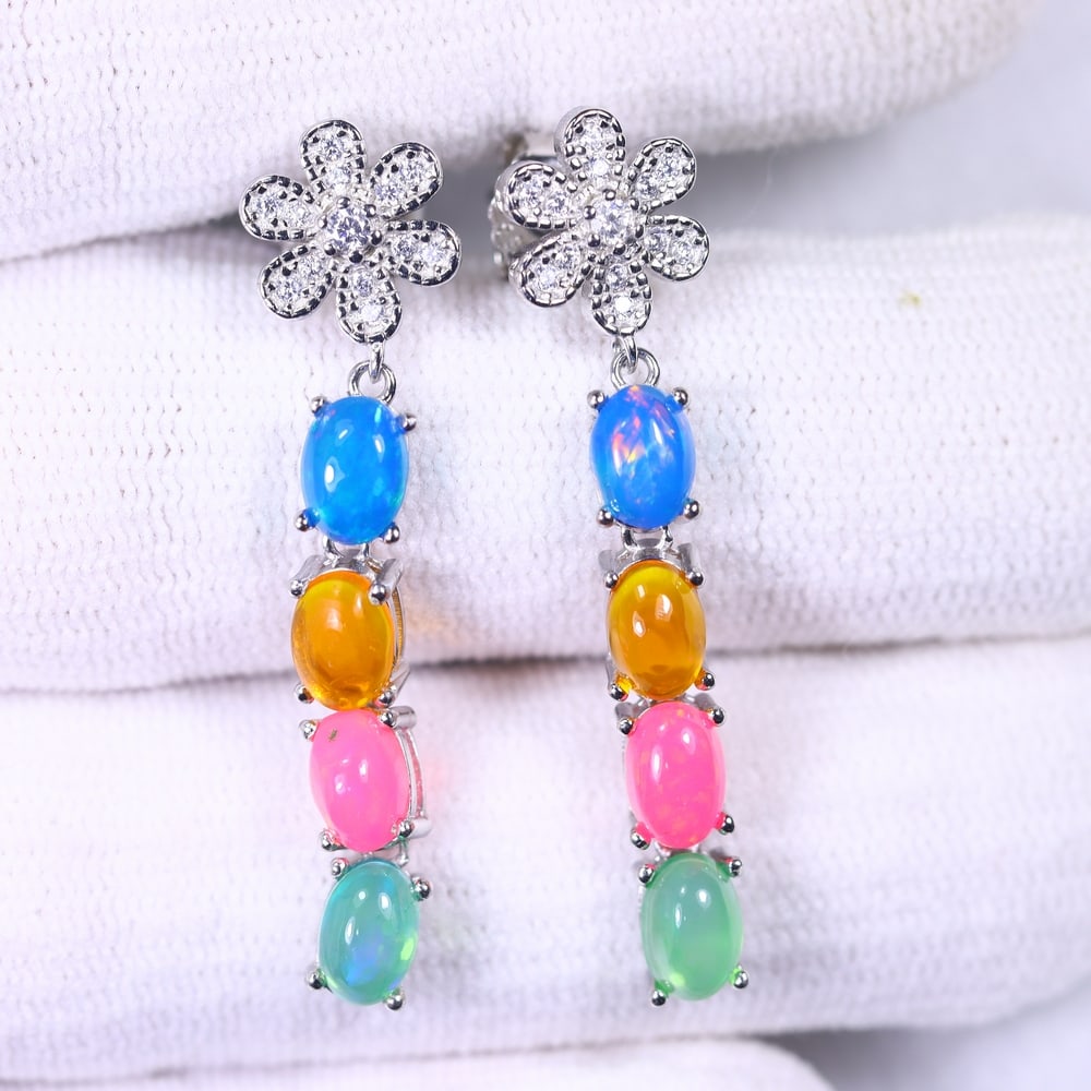 Earrings Color Opal - 925 Sterling Silver - Plated 14K White Gold , 980E: Ksmith Heritage Auctioneers Subject: Natural Blue, Orange, Pink and Green Opal Origin: Thailand Carat Weight: 3.86g Dimension: Gemstone 4x6mm Type: Earrings