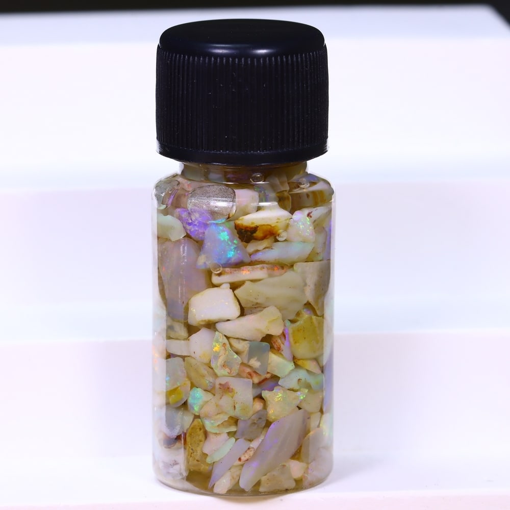 Australian Lightning Ridge Crystal Black Opal Rough Chip Jar (Good For Display), 943B: Ksmith Heritage Auctioneers Subject: Natural Australian Opal Origin: Australia Quantity: 1 Jar as photo