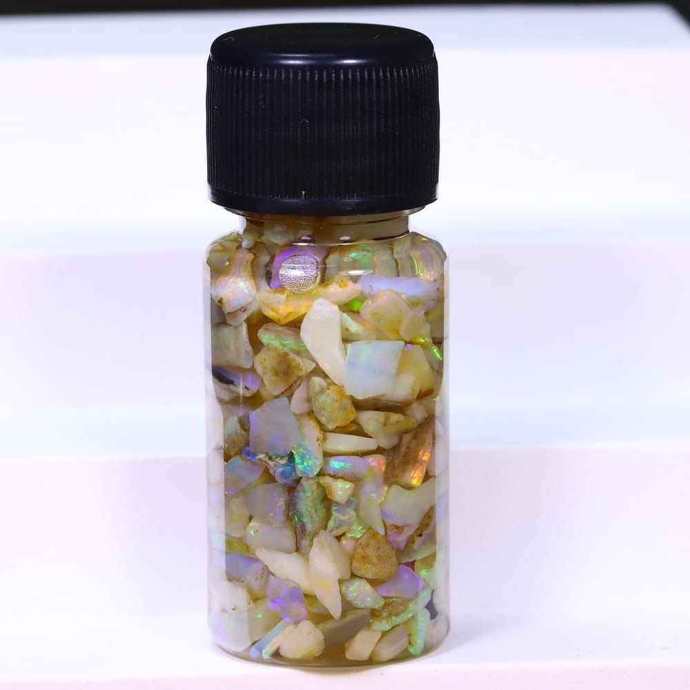 Australian Lightning Ridge Crystal Black Opal Rough Chip Jar (Good For Display), 732B: Ksmith Heritage Auctioneers Subject: Natural Australian Opal Origin: Australia Quantity: 1 Jar as photo