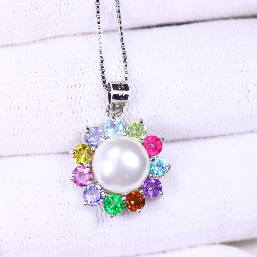 Pearl & Multi Stone Necklace - 925 Sterling Silver - Plated White Gold , 296E: Ksmith Heritage Auctioneers Subject: Natural Pearl, Citrine, Green Topaz, Iolite, Mozambique Garnet Origin: Thailand Carat Weight: 3.31g Dimension: Stone 3mm Type: Necklace