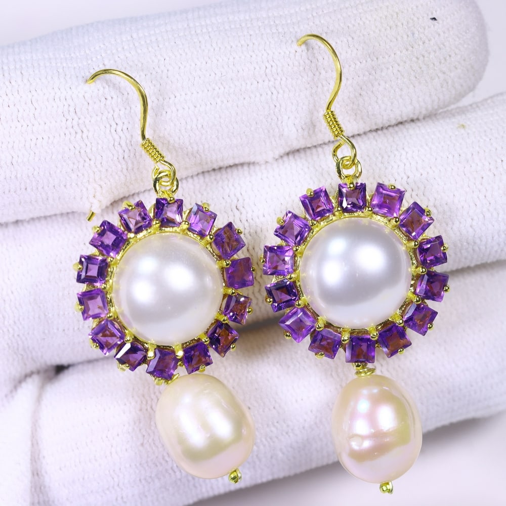 Earrings Pearl & Amethyst - 925 Sterling Silver , 312E: Ksmith Heritage Auctioneers Subject: Natural Pearl & Amethyst Origin: Thailand Carat Weight: 10.42g Dimension: Gemstone 11x11mm Type: Earrings