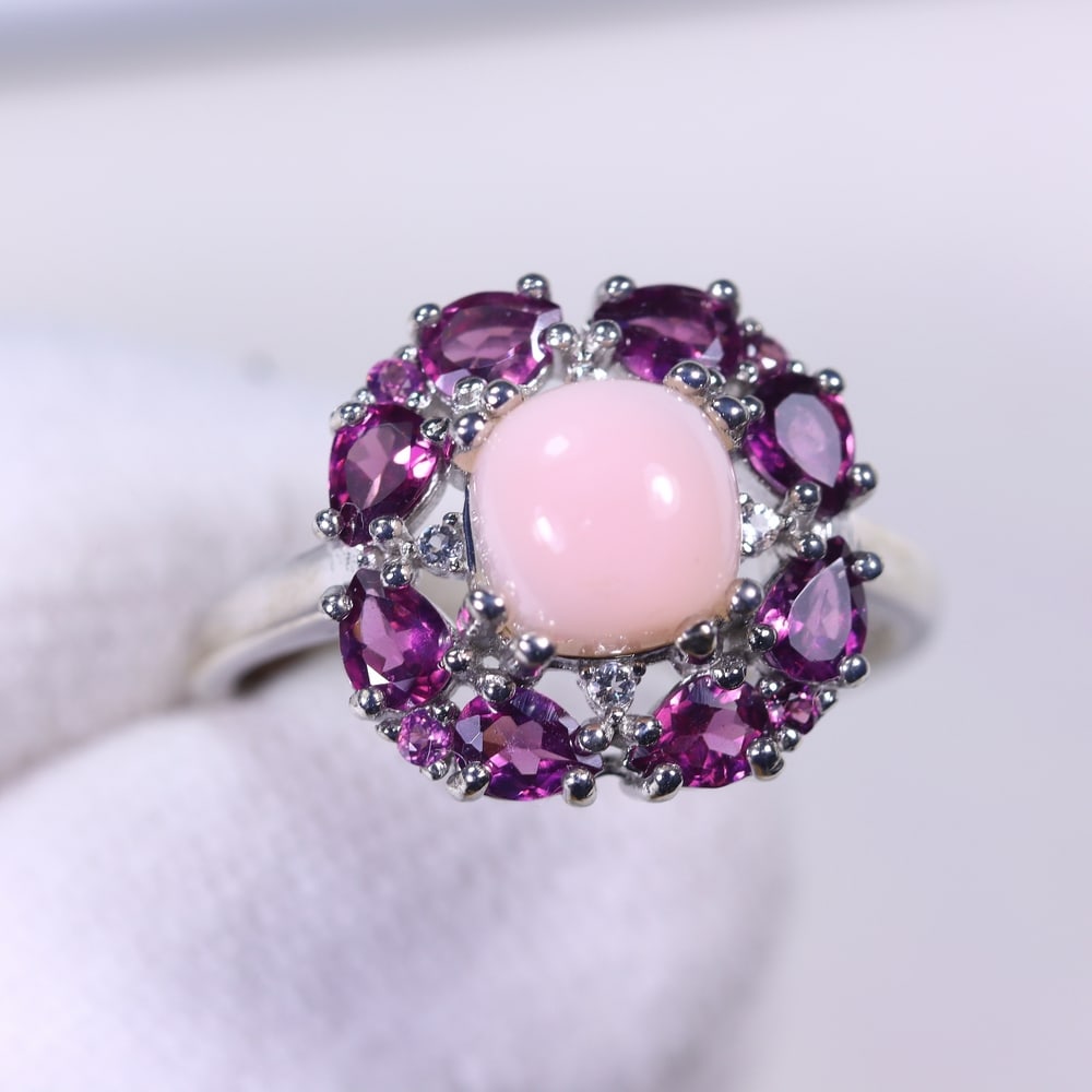 Ring US7.75 Opal Zircon & Rhodolite Garnet - 925 Sterling Silver - White Gold Plated , 301E: Ksmith Heritage Auctioneers Subject: Natural Opal, Rhodolite Garnet & Zircon Origin: Thailand Carat Weight: 19.77ct Dimension: Gemstone 7x7mm Type: Ring