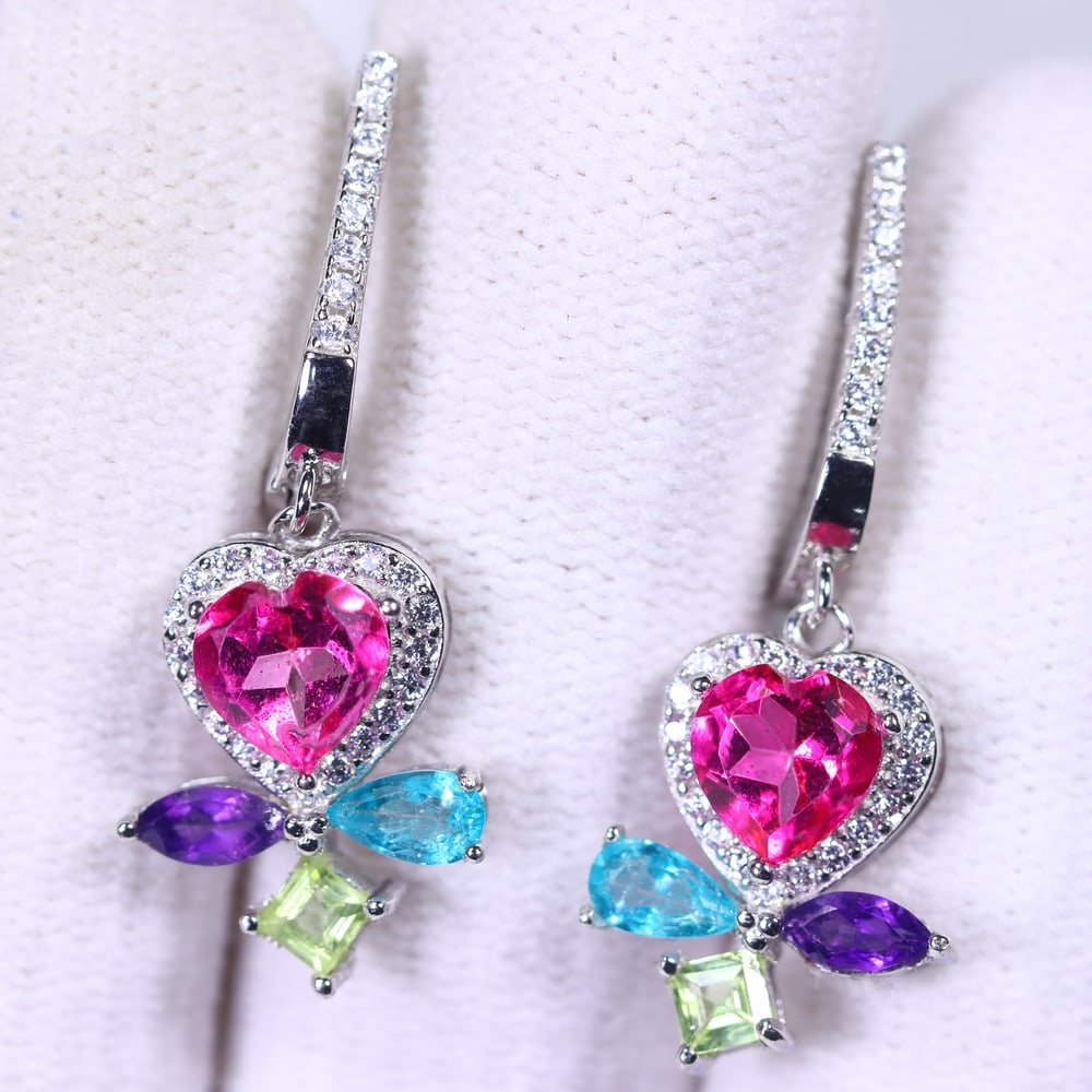Earrings Pink Topaz and Multi Stone - 925 Sterling Silver - Plated 14K White Gold , 434E: Ksmith Heritage Auctioneers Subject: Natural Pink Topaz, Amethyst, Paraiba Blue Topaz, Peridot Origin: Thailand Carat Weight: 4.46g Dimension: Gemstone 3-6mm Type: Earrings