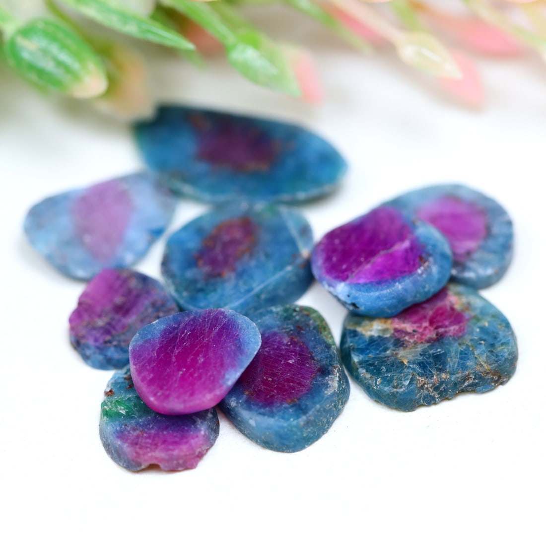 14.33Ct Group of Natural Bi-Color Ruby Slice Lot, 489MZ: Ksmith Jewels Global Welcome to our auction house, today auction brought to you by Ksmith Jewels Global based in Penang, Malaysia specialize in all kinds of opal and color gemstone both in manufacturi