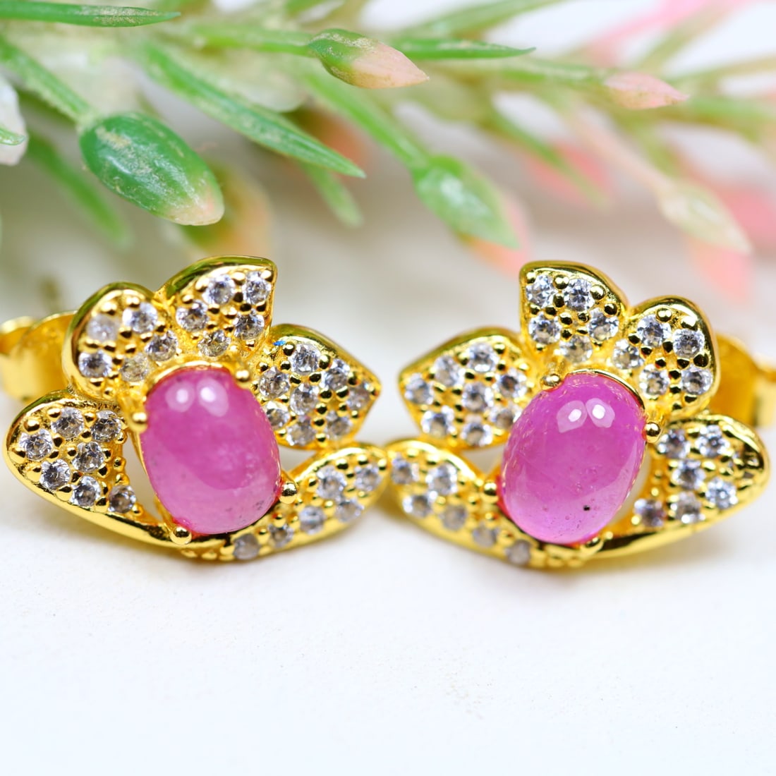16.0Cts Natural Pink Ruby & Cubic Zirconia 925 Sterling Silver Earrings 18K Gold Plated, 771MZ: Ksmith Jewels Global Welcome to our auction house, today auction brought to you by Ksmith Jewels Global based in Penang, Malaysia specialize in all kinds of opal and color gemstone both in manufacturi