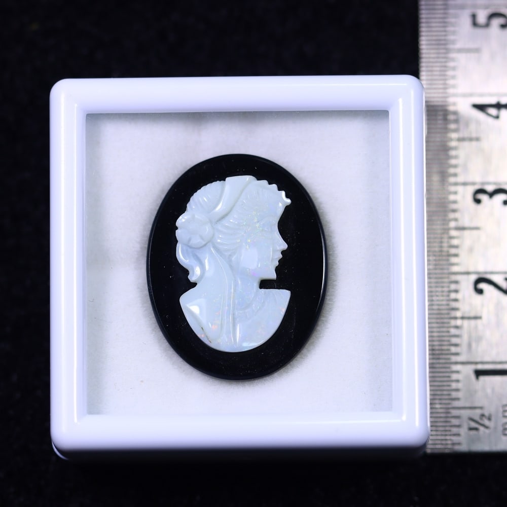 Natural Lightning Ridge Opal Carving on Black Onyx , 1213B: Ksmith Heritage Auctioneers Subject: Natural Lightning Ridge Opal Carving on Black Onyx Origin: Australia