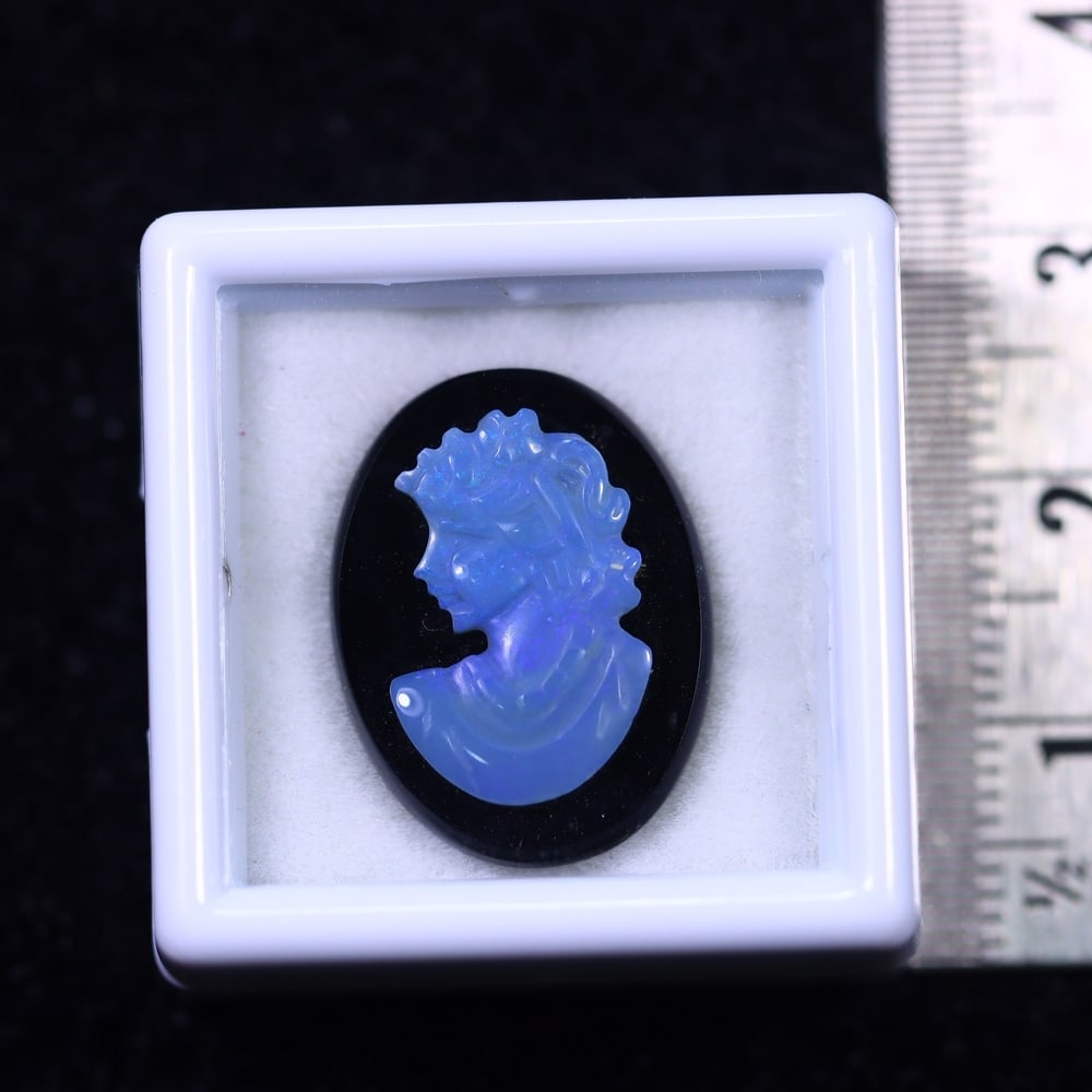 Natural Lightning Ridge Opal Carving on Black Onyx , 1243B: Ksmith Heritage Auctioneers Subject: Natural Lightning Ridge Opal Carving on Black Onyx Origin: Australia