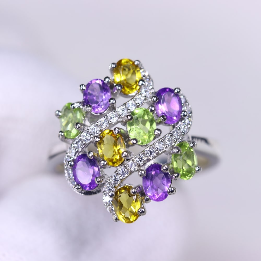 US6.75 Amethyst Citrine Peridot Ring - 925 Sterling Silver - Plated White Gold , 362E (1 of 4)