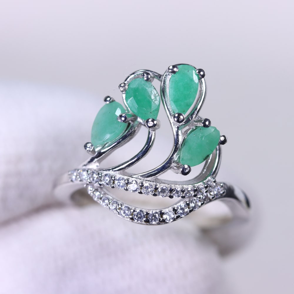 Ring US6 Emerald & Zircon - 925 Sterling Silver - Plated 14K White Gold , 648E (1 of 3)