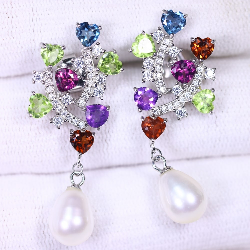 Pearl & Multi Stone Earrings - 925 Sterling Silver - Plated White Gold , 639E: Ksmith Heritage Auctioneers Subject: Natural Amethyst, Topaz, Mozambique Garnet, Pearl Origin: Thailand Carat Weight: 6.07g Dimension: Stone 1-4mm Type: Earrings