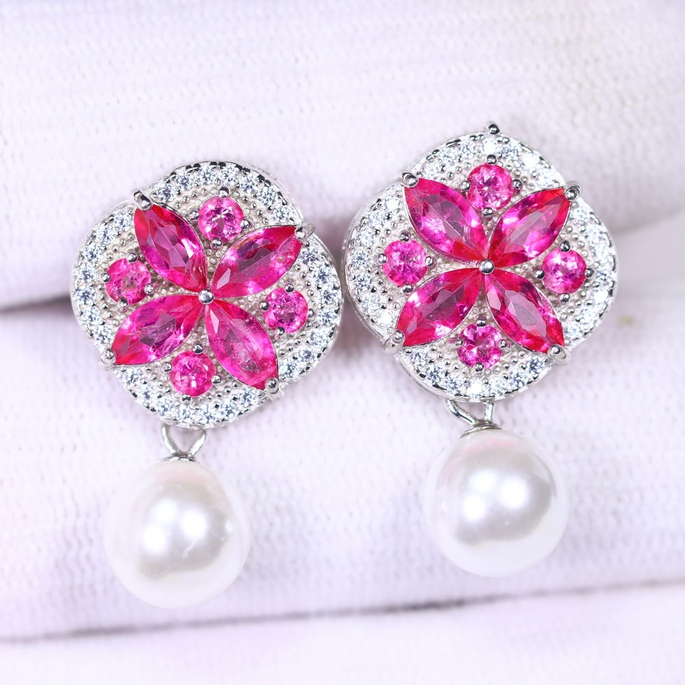 Pink Topaz & Pearl Earrings - 925 Sterling Silver - Plated White Gold , 619E (1 of 3)