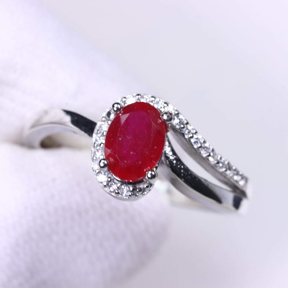 Ring US7.75 Ruby & Zircon - 925 Sterling Silver - Plated 14k White Gold , 481E (1 of 3)