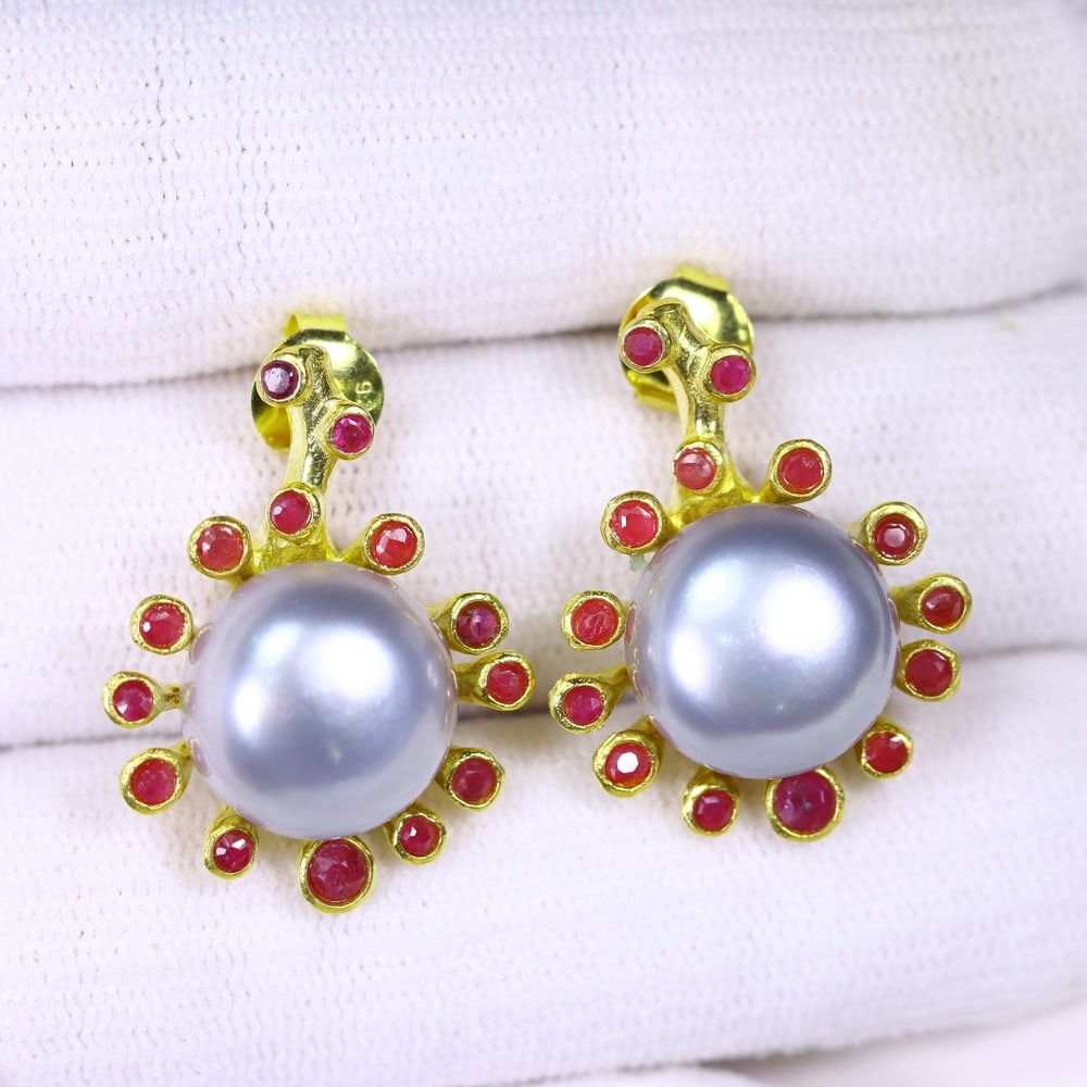 Pearl and Ruby Earrings - 925 Sterling Silver - Gold Plated , 617E (1 of 3)