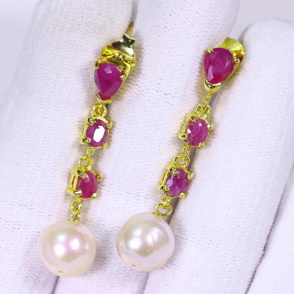 Earrings Pearl & Ruby - 925 Sterling Silver , 722E (1 of 2)