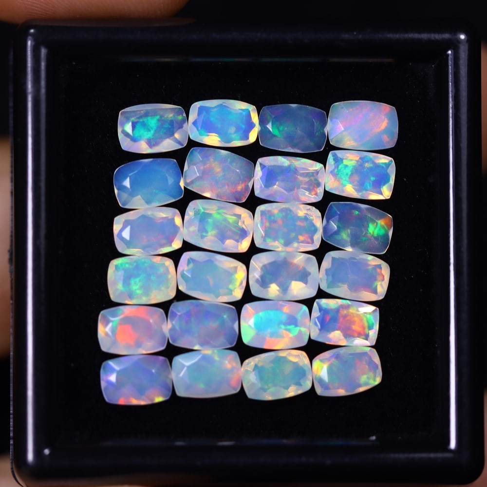 *8.16Ct 24pcs Calibrated 6x4mm Faceted Welo Opal Set - Ethiopian Opal, 454B: Ksmith Heritage Auctioneers Subject: Natural Ethiopian Welo Opal Origin: Ethiopia Carat Weight: 8.16Ct Treatment: Natural Untreated Type: Faceted, Polished