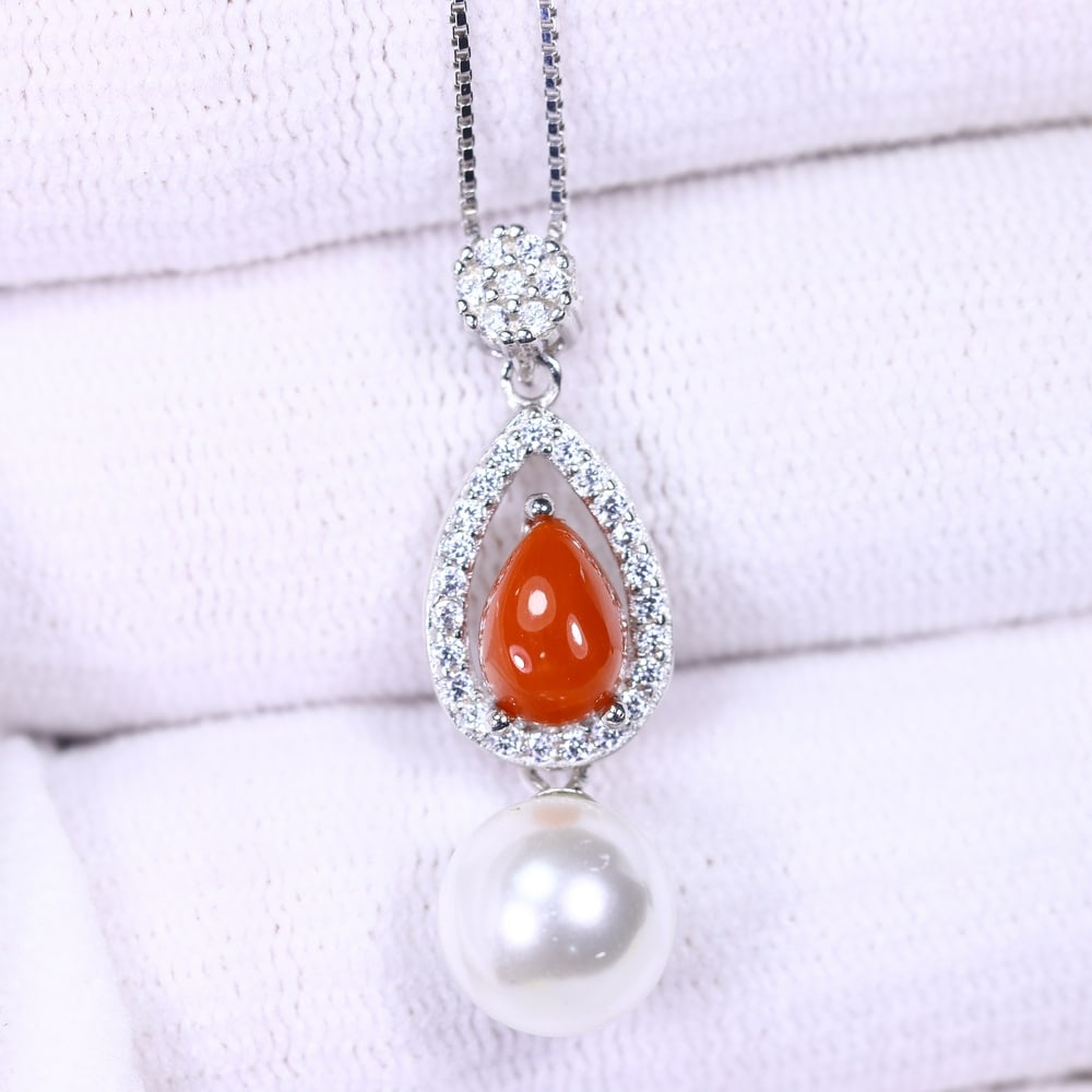 Coral & Pearl Necklace 18 inches - 925 Sterling Silver - Plated White Gold , 1171E (1 of 3)