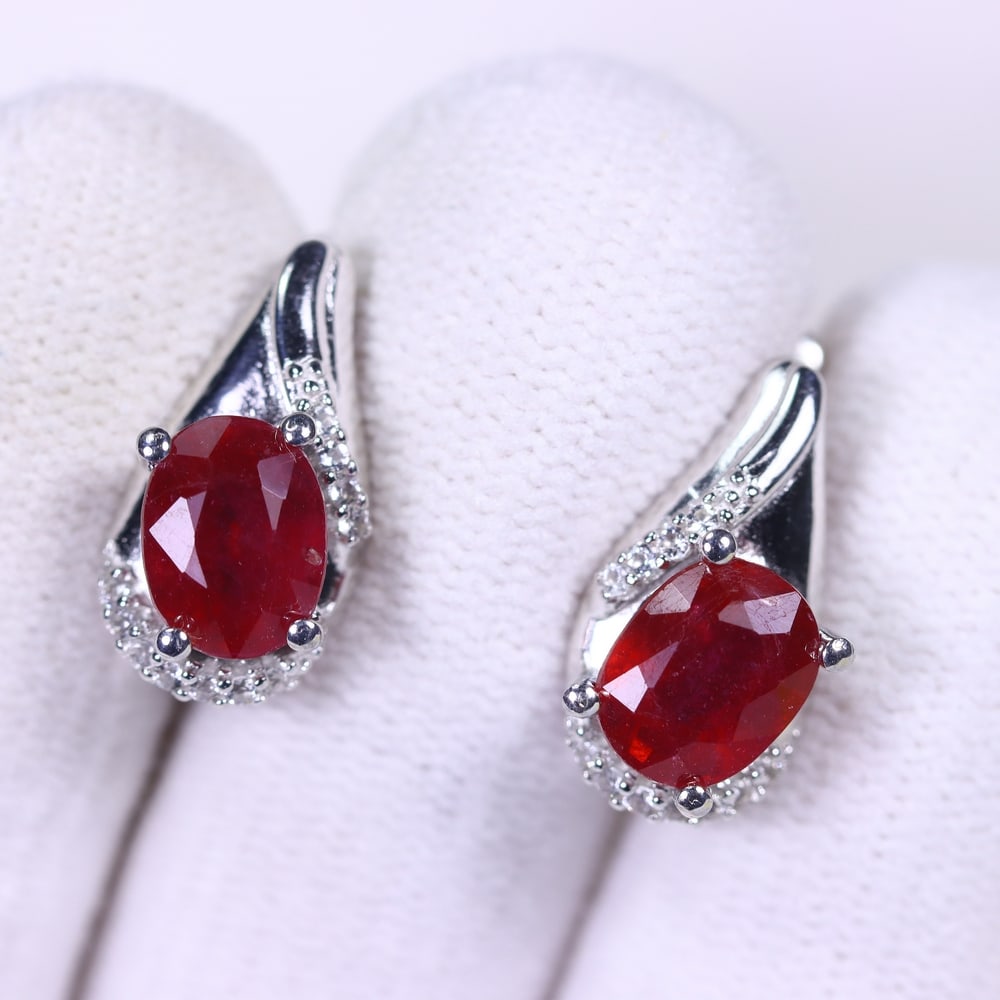 Earrings Ruby & Zircon - 925 Sterling Silver - White Gold Plated , 248E (1 of 2)