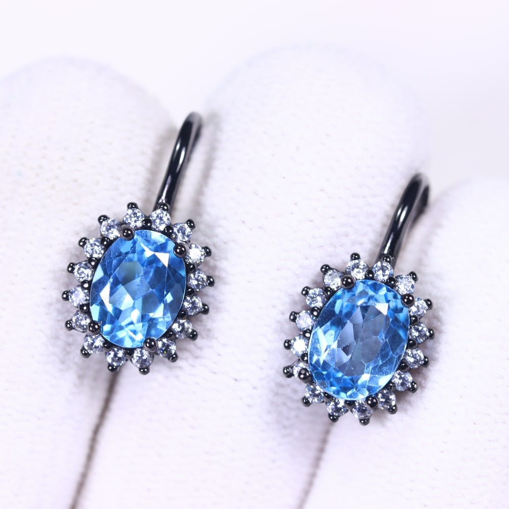 Earrings Topaz & Zircon - 925 Sterling Silver - Black Gold Plated , 463E (1 of 2)