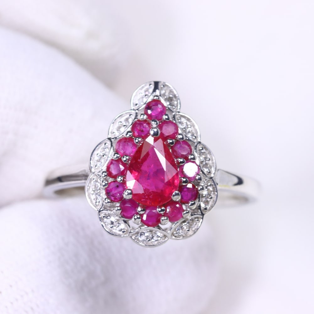 Ring US9 Ruby & Simulated CZ - 925 Sterling Silver - Plated 14k White Gold , 470E (1 of 4)