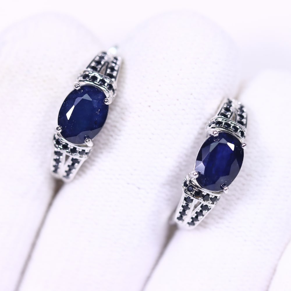 Earrings Sapphire & Black Spinel - 925 Sterling Silver , 649E (1 of 2)