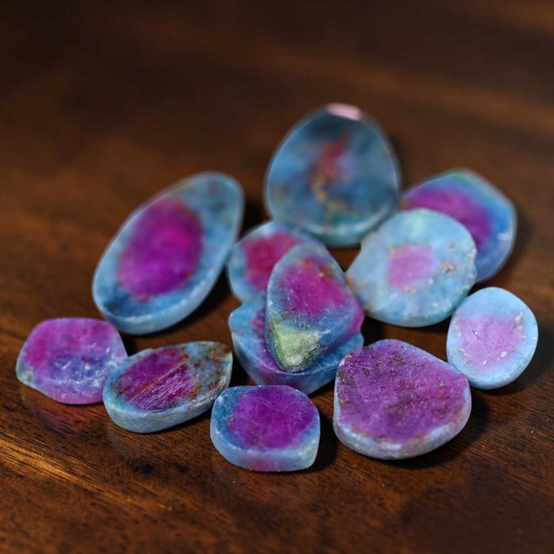 14.69Ct Group of Natural Bi-Color Ruby Slice Lot, 1245MZ: Ksmith Jewels Global Welcome to our auction house, today auction brought to you by Ksmith Jewels Global based in Penang, Malaysia specialize in all kinds of opal and color gemstone both in manufacturi