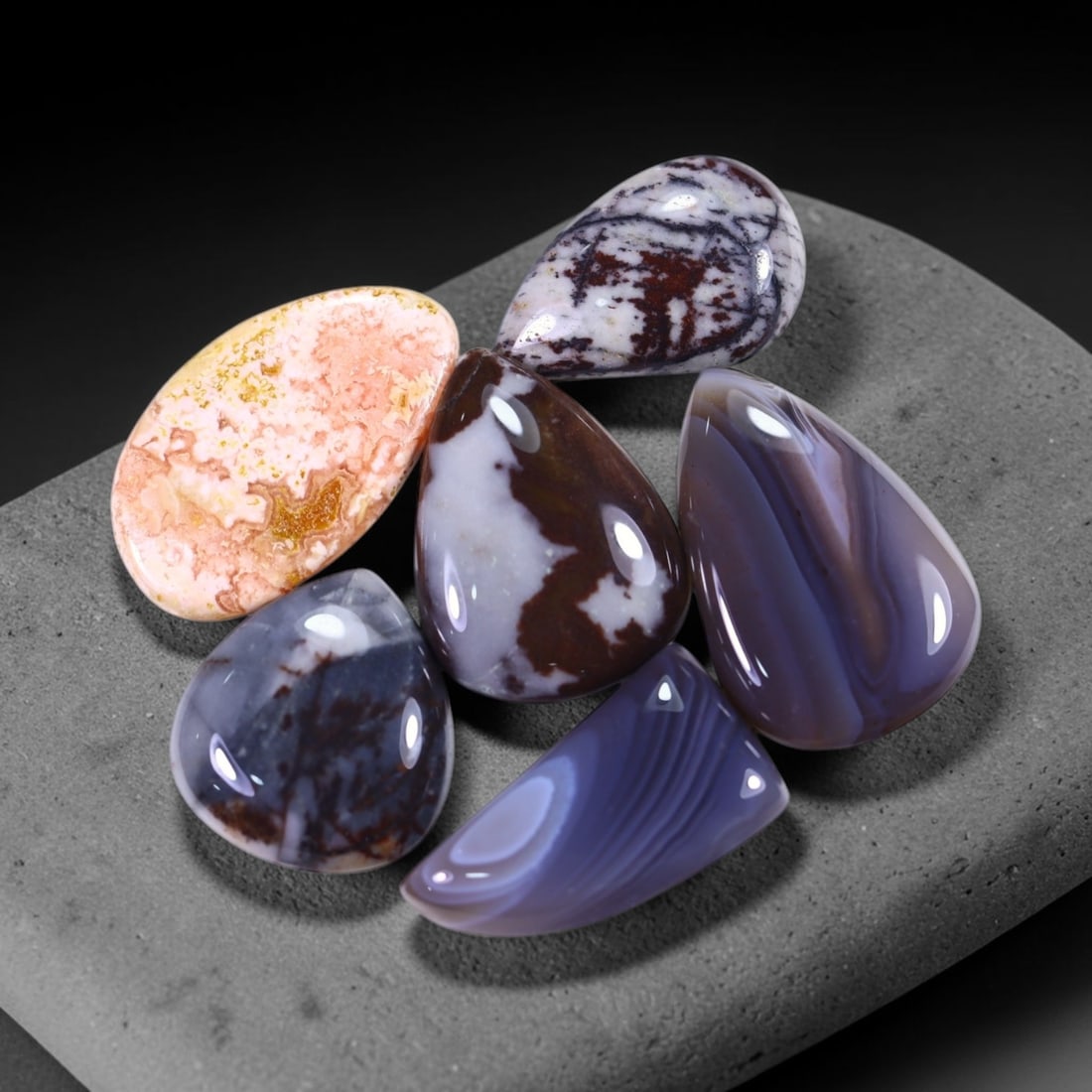 92Ct Multi Agate Cabochon Set - Polished - 26x17 mm Approx, 955B: Ksmith Heritage Auctioneers Subject: Natural Agate Treatment: Natural Untreated Type: Cabochon, Polished