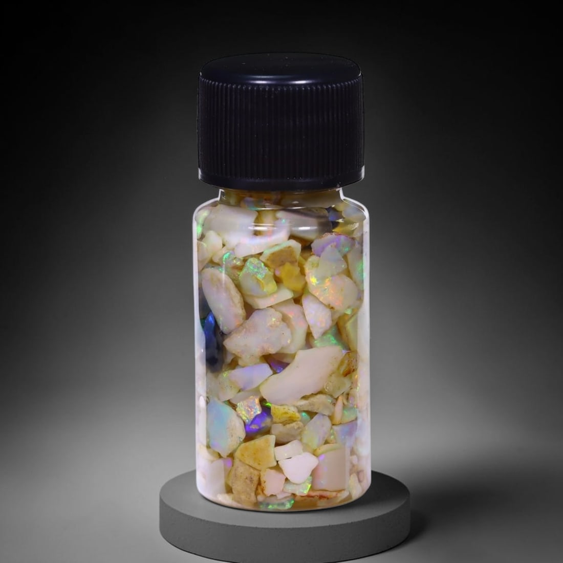Australian Lightning Ridge Crystal Black Opal Rough Chip Jar (Good For Display), 465B: Ksmith Heritage Auctioneers Subject: Natural Australian Opal Origin: Australia Quantity: 1 Jar as photo